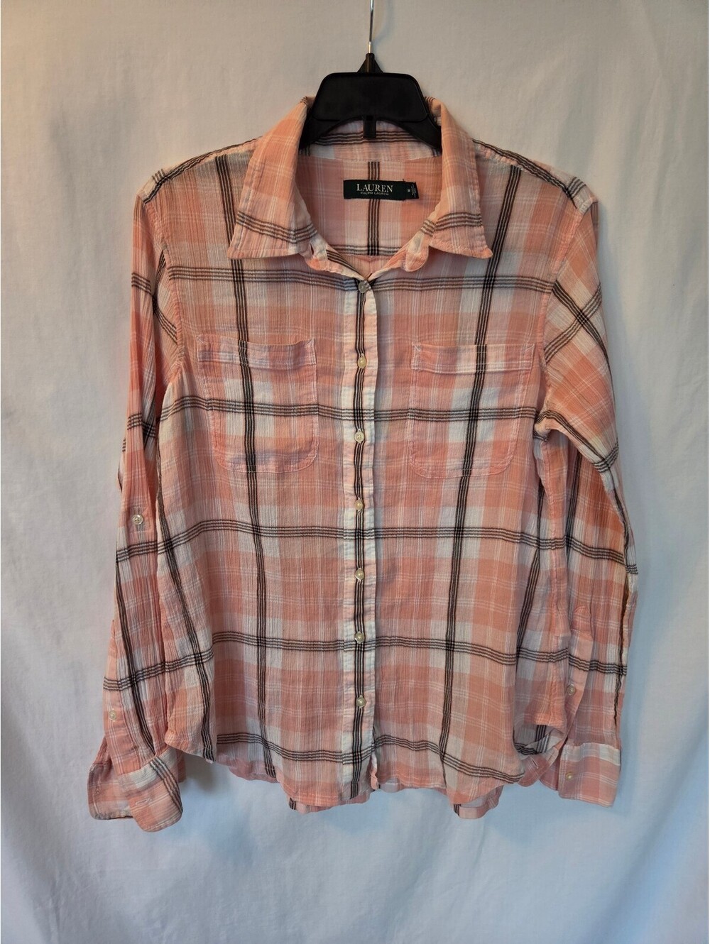 Ralph Lauren Pink and Brown Plaid Button-Up Shirt, Size M